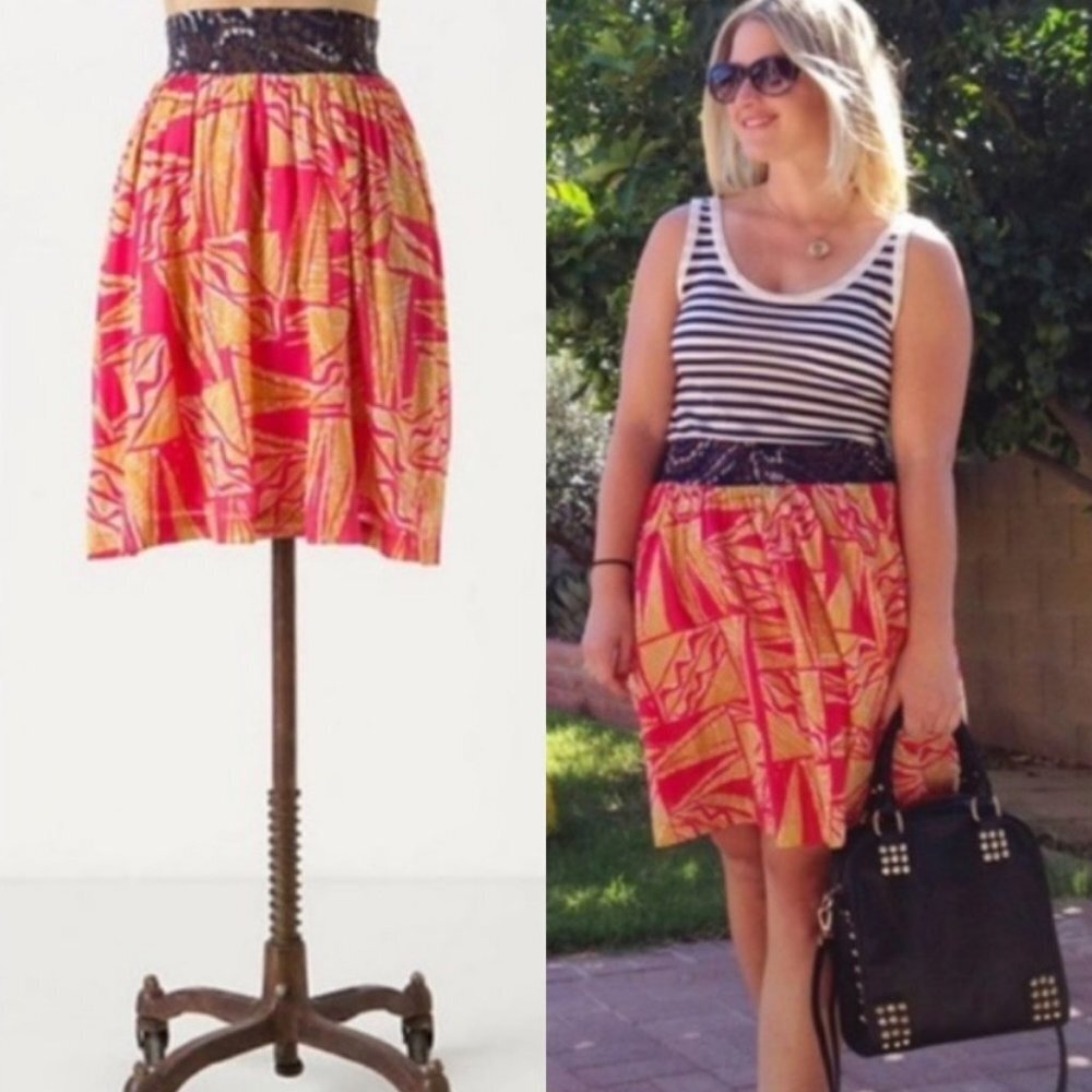 Anthropologie Pink Mini Skirt Mustard Yellow Size 4 Bohemian Boho Vanessa Hippie